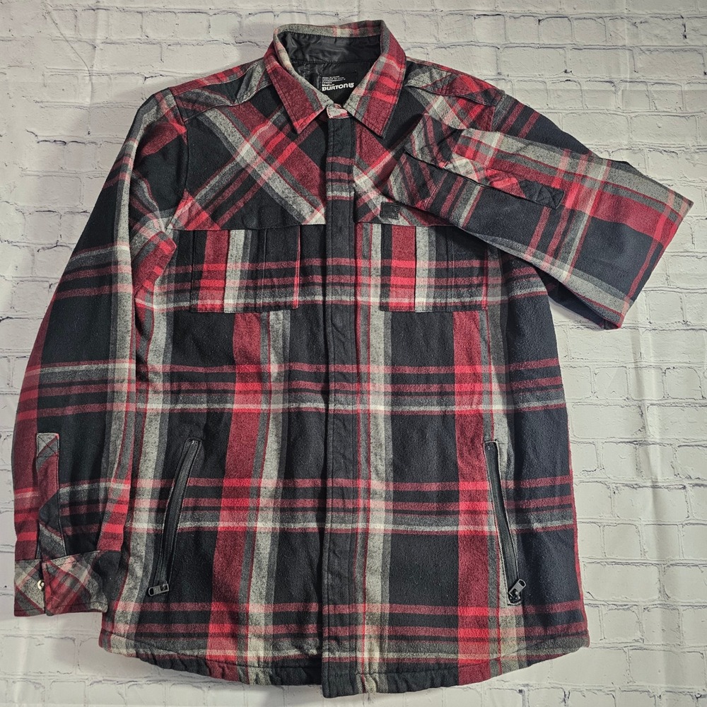 Burton Plaid Flannel Shirt Jacket Men's Medium Red Black‎ Gray Zip Pockets